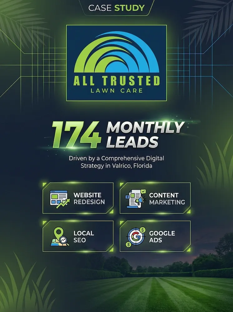 All Trusted Lawn Care case study — 174 monthly leads and digital strategy in Valrico, Florida