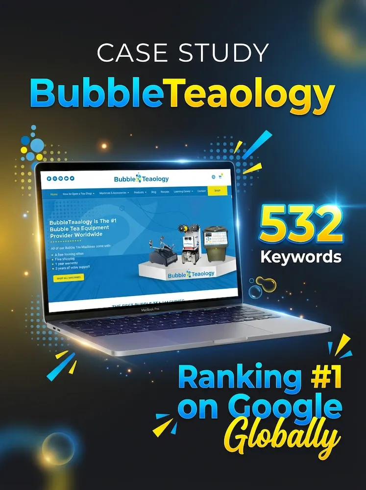 BubbleTeology case study — website mockup and global #1 keyword rankings