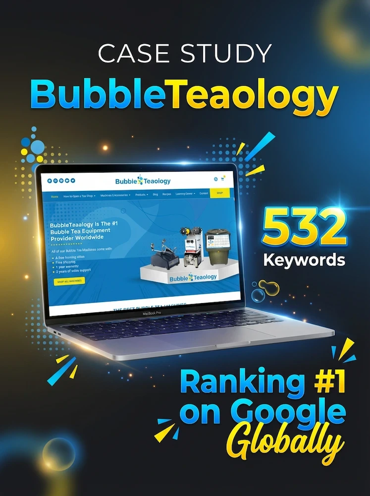 BubbleTeology case study — website mockup and global #1 keyword rankings