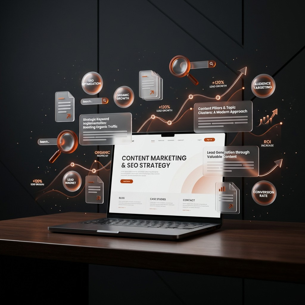 Laptop showing a content marketing and SEO strategy page surrounded by cards for organic growth and conversions