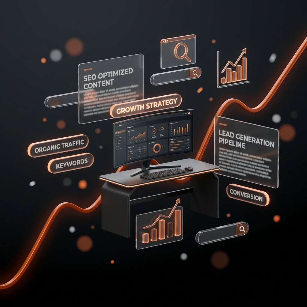 SEO content strategy dashboard with labels for organic traffic, keywords, and lead generation