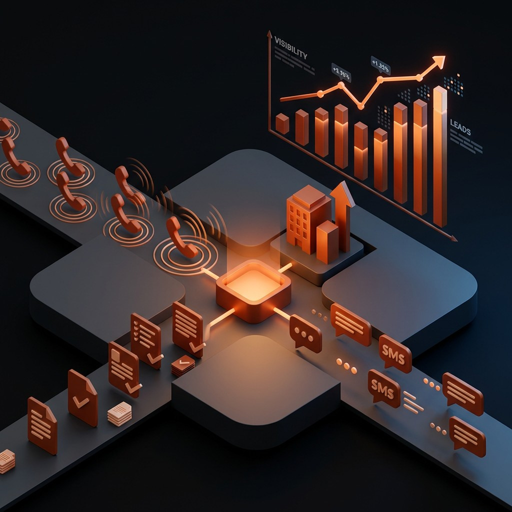Isometric illustration of incoming phone leads, SMS messages, and a rising visibility and leads chart