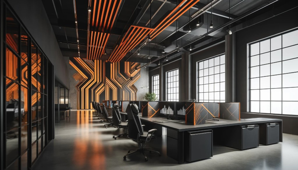 Brain Buzz Marketing office — modern workspace with orange accent lighting