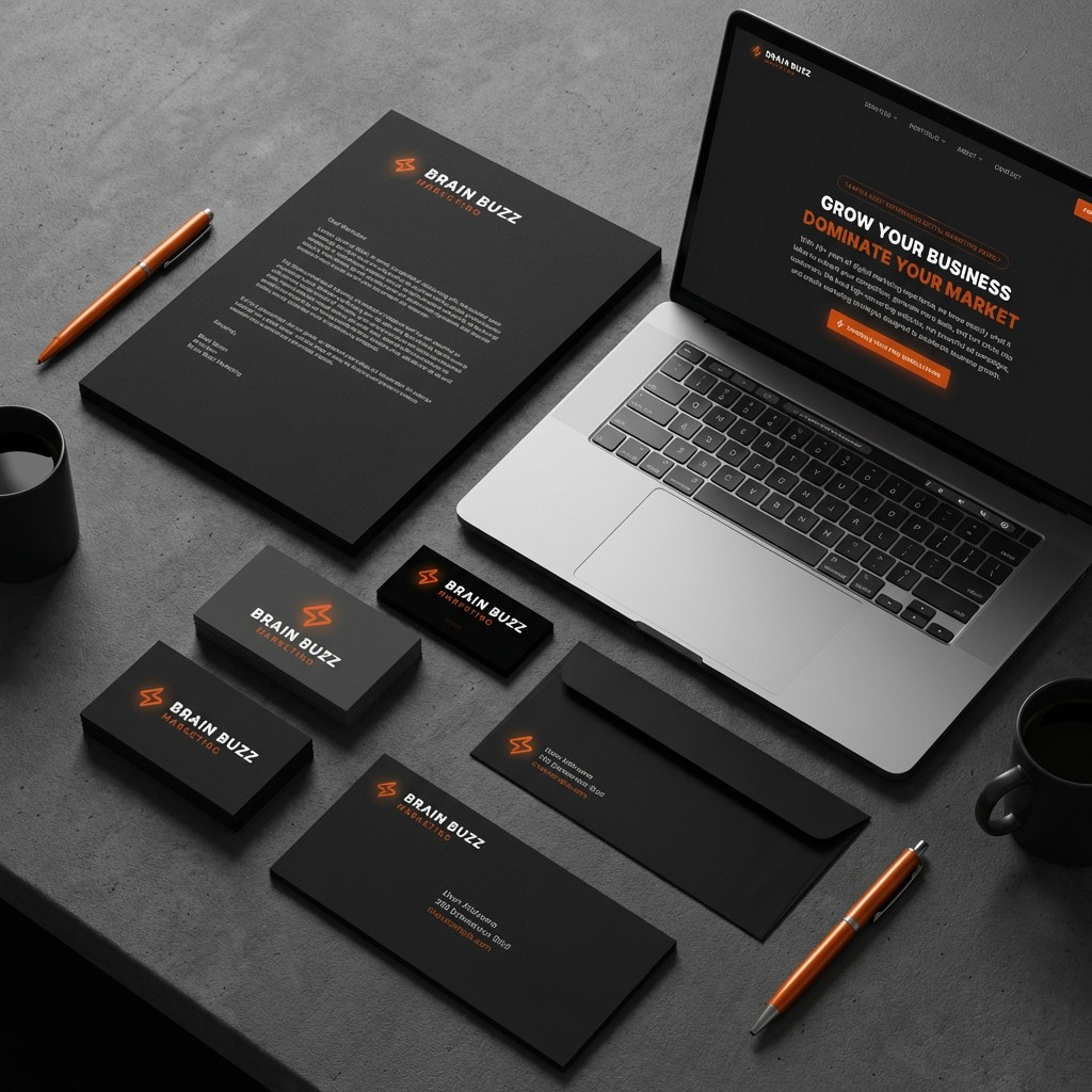 Brain Buzz Marketing branded stationery set with letterhead, business cards, envelopes, and a laptop