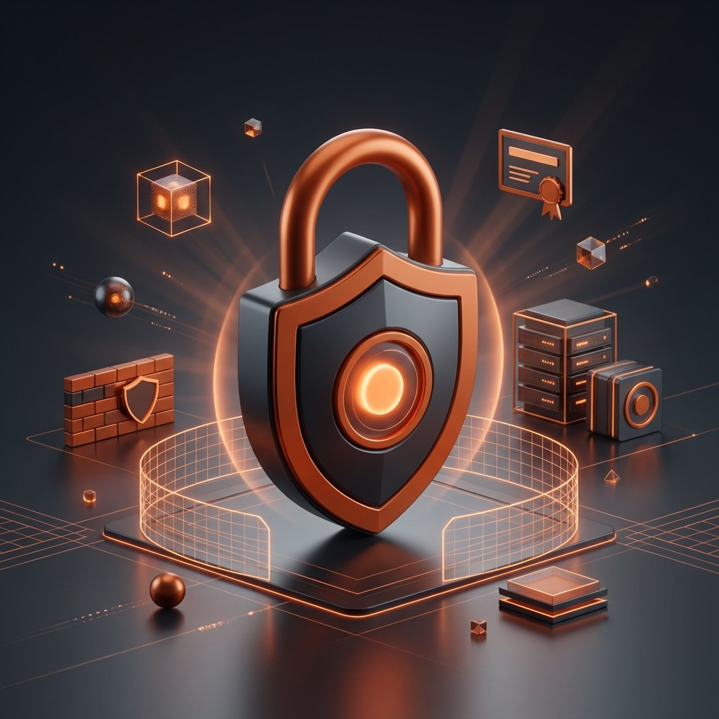 Padlock and shield with servers and a firewall, representing secure website hosting