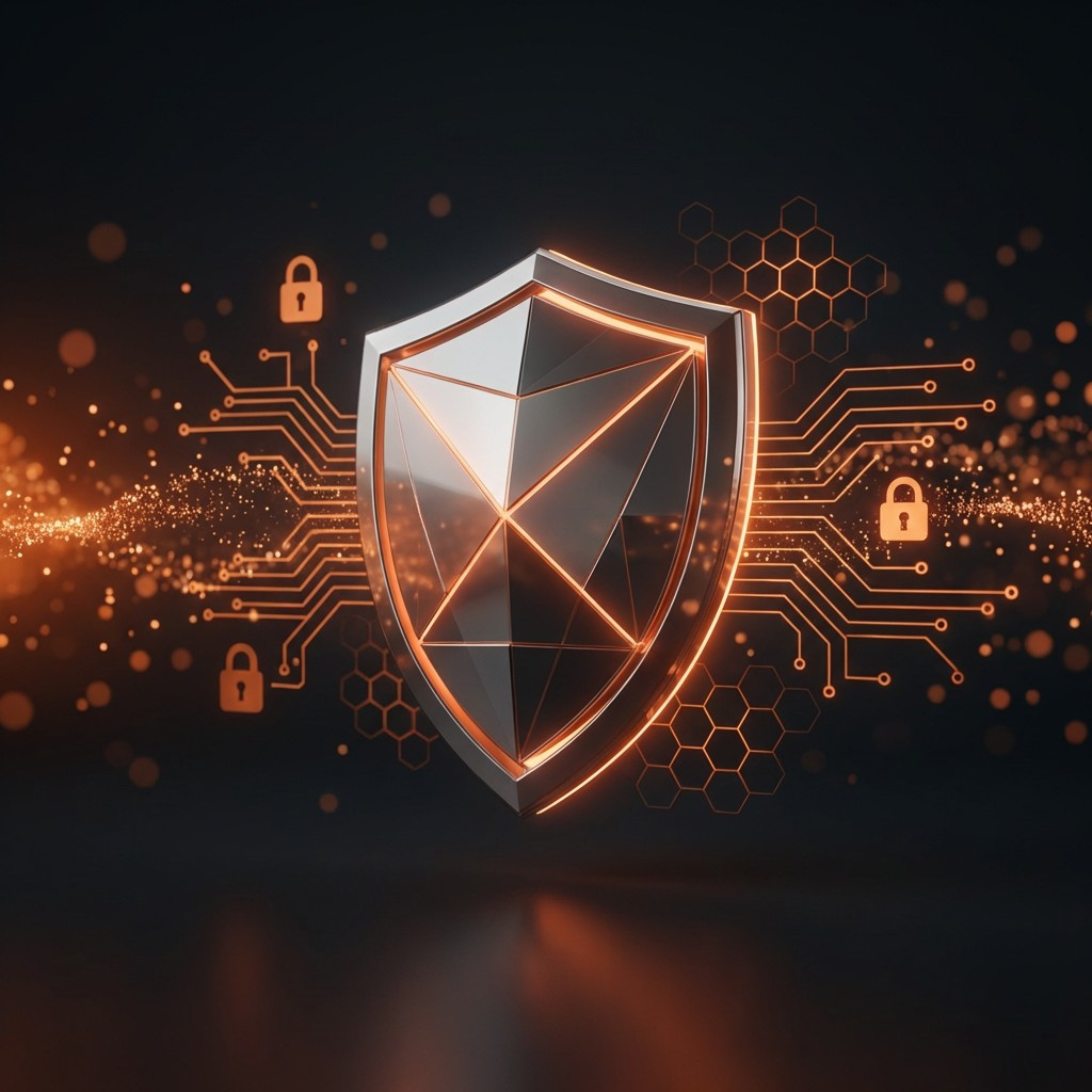 Glowing shield surrounded by circuit lines and padlock icons, representing reliable and secure hosting