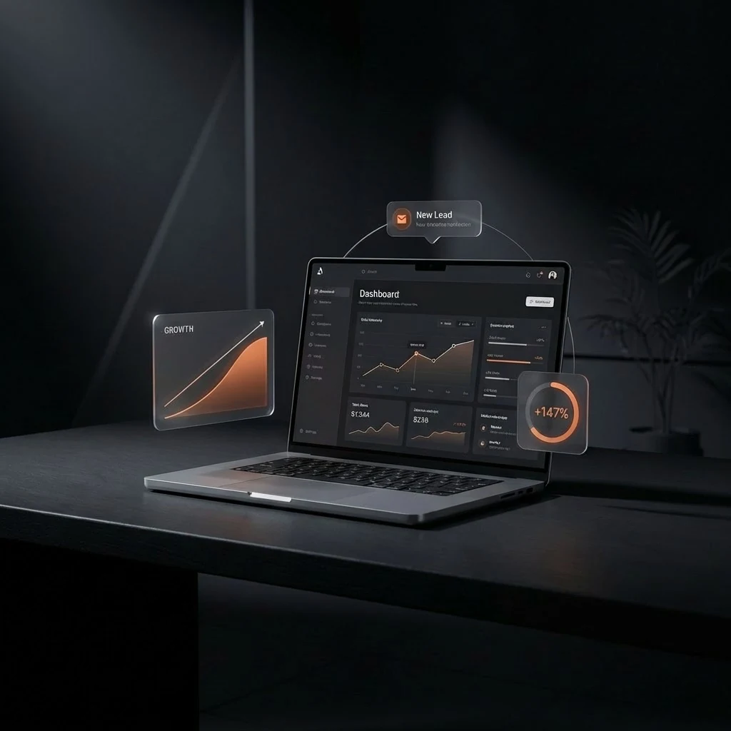 Laptop showing a website analytics dashboard with a rising growth chart, a new lead notification, and a 147% increase