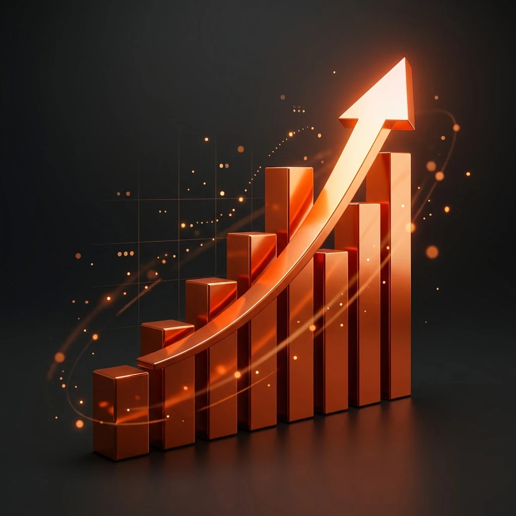 Rising 3D bar chart with an upward arrow, representing digital marketing growth