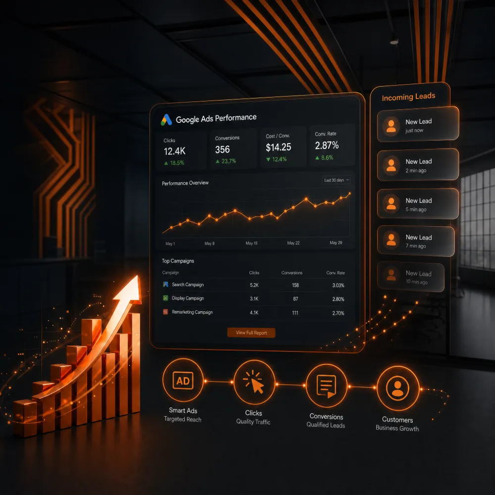 Google Ads performance dashboard showing clicks, conversions, cost per conversion, and incoming leads